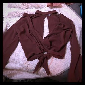 Burgundy open v neck blouse. Off shoulder